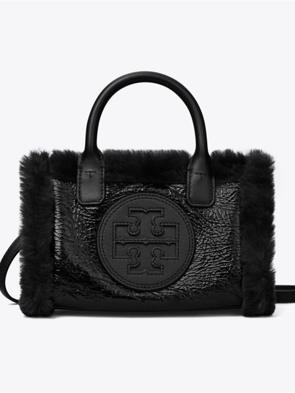 Tory Burch Black MINI ELLA PATENT SHEARLING TOTE